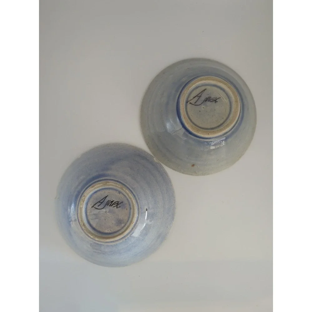 Tonala Mexican Pottery Signed Blue Brown Bird Bowls Set of 2 Handmade Ceramic